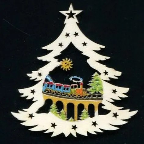 AMADEA Drevená ozdoba farebná stromček s vláčikom 9 cm