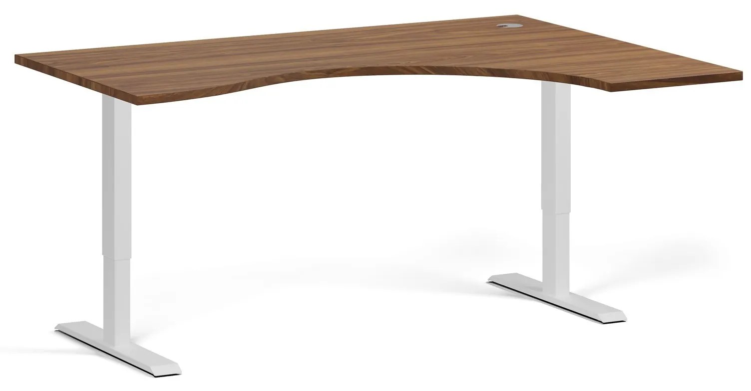 Ergonomický výškovo nastaviteľný stôl, 160x120 cm, 1 motor, L/P, biela podnož, orech