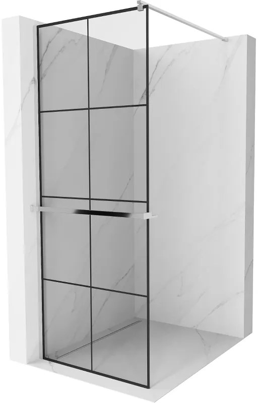 Mexen Kioto+, sprchová zástena s poličkou a držiakom na uteráky 70 x 200 cm, 8mm číre sklo vzor čierny rám, chrómový profil, 800-070-121-01-77