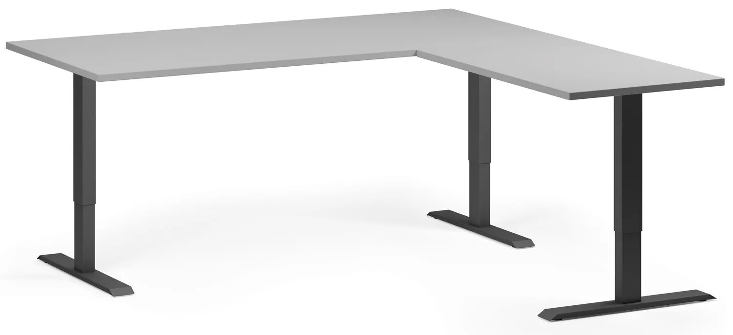 Výškovo nastaviteľný stôl, 180x180 cm, 3 motory, L/P, čierna podnož, sivá