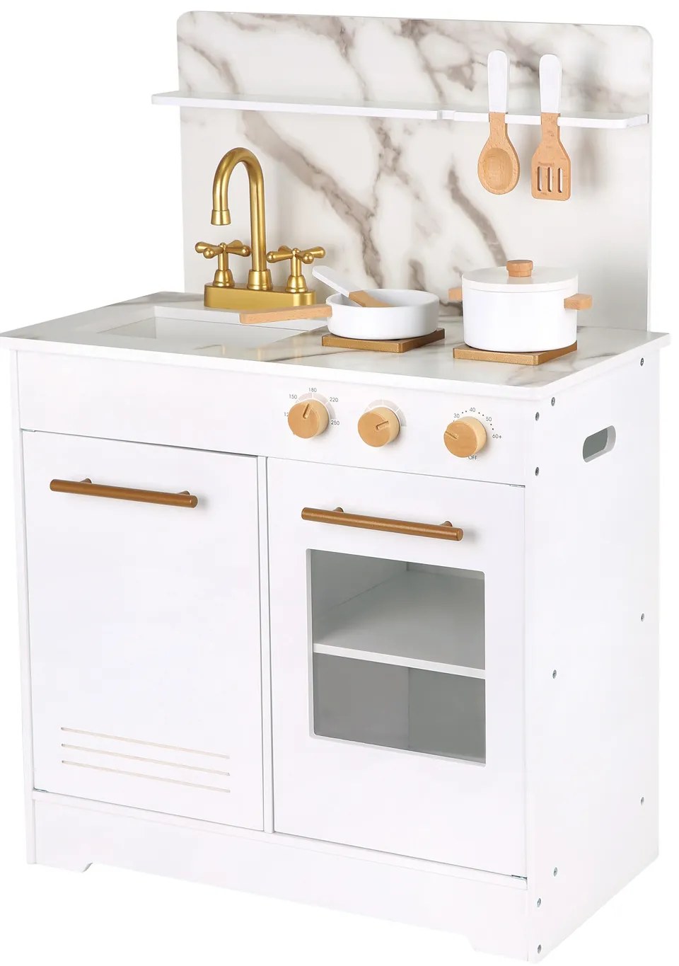 Drevená kuchynka - biela s mramorovým dizajnom