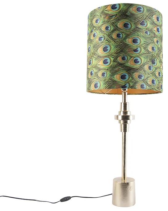 Stolná lampa v štýle Art Deco so zlatým zamatovým tienidlom s motívom pávieho peria 40 cm - Diverso