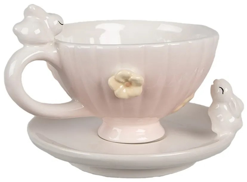 Ružová šálka s tanierikom s králikmi Rabbi Pastel - 14*11*9 cm / 14*13*5 cm / 200 ml