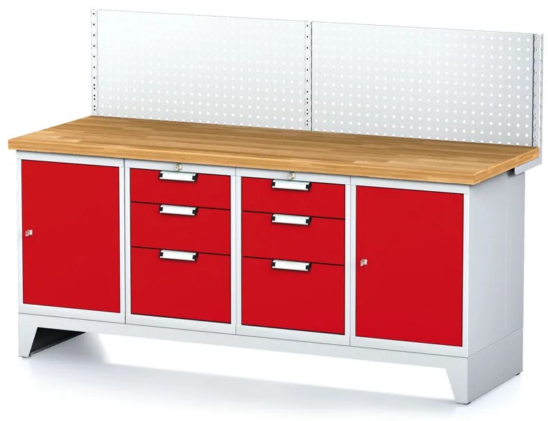 Alfa 3 Dielenský stôl MECHANIC I, perforovaný panel, 2 skrinky a 2 zásuvkové boxy na náradie, 6 zásuviek, 2000x685x880 mm, červené dvere