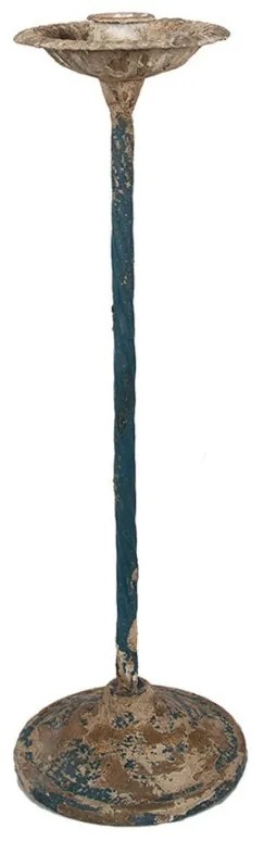 Béžovo modrý vintage kovový svietnik na úzku sviečku - 11*35 cm