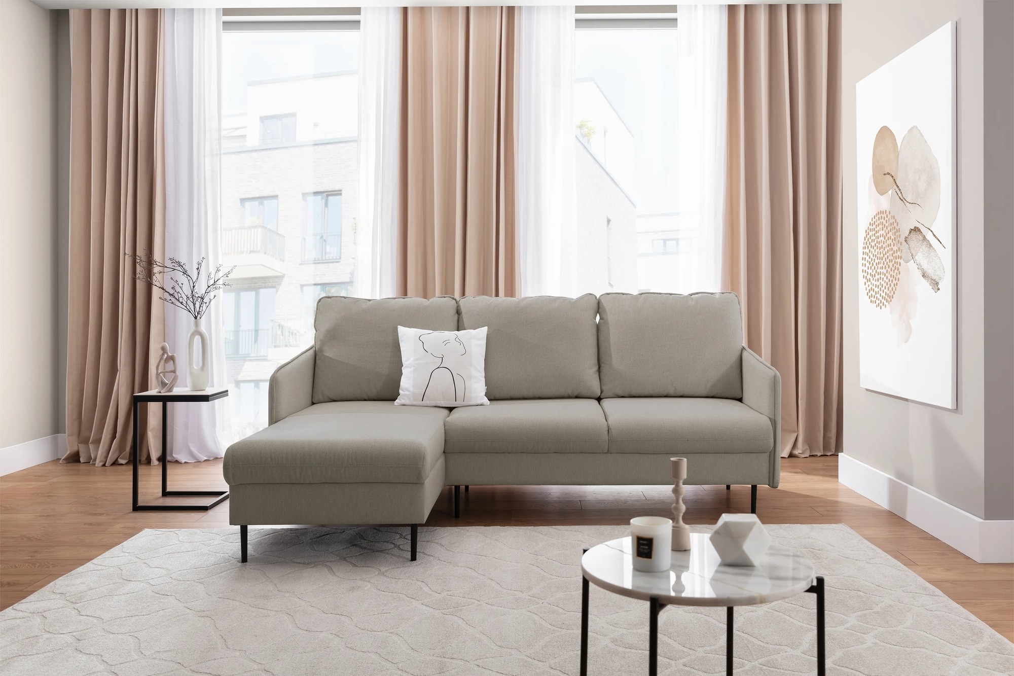 Rozkladacia rohová sedačka Taila Mini ľavá - béžová pletenina Loft 02 / čierne nožičky