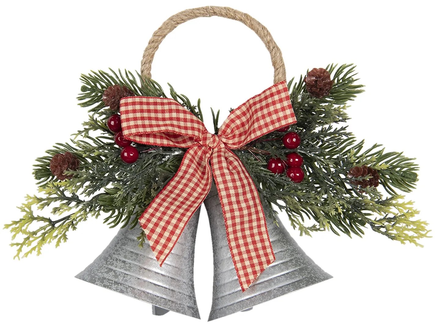 Vianočné dekorácie strieborné zvončeky s vetvičkou a mašľou - 23*8*18 cm