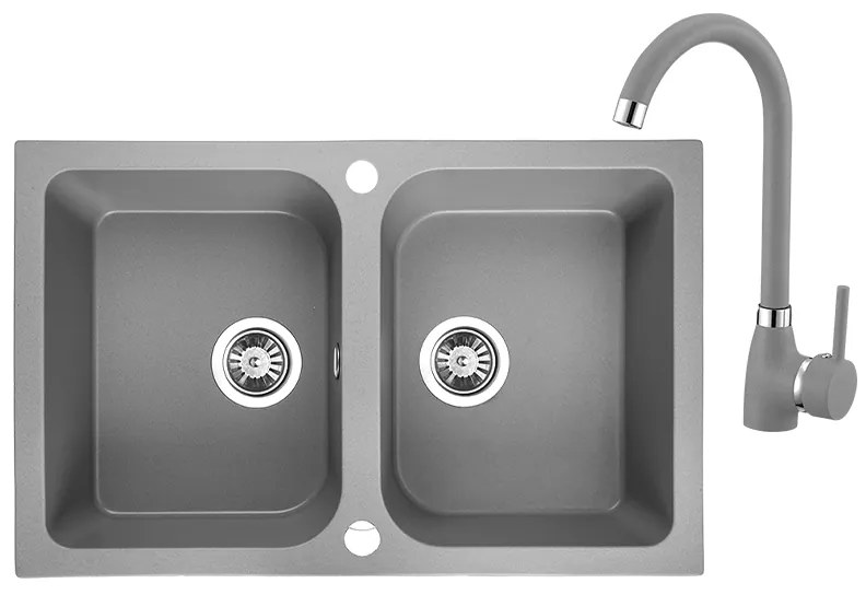 Laveo Celia, 2-komorový granitový drez 760x480x184 mm + drezová batéria s výlevkou v tvare U, šedá, LAV-SBCE520T