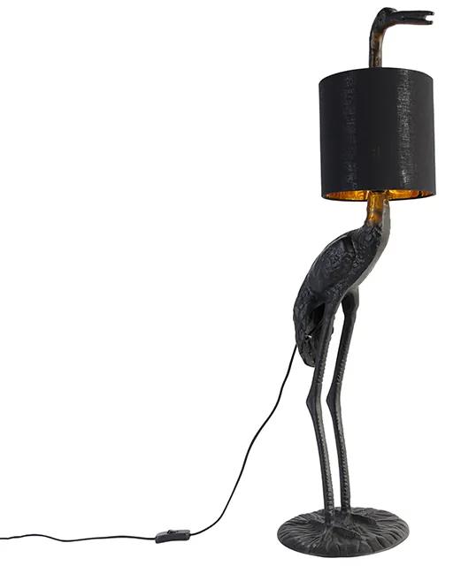 Vintage stojaca lampa čierna s látkovým tienidlom čierna - Crane bird To