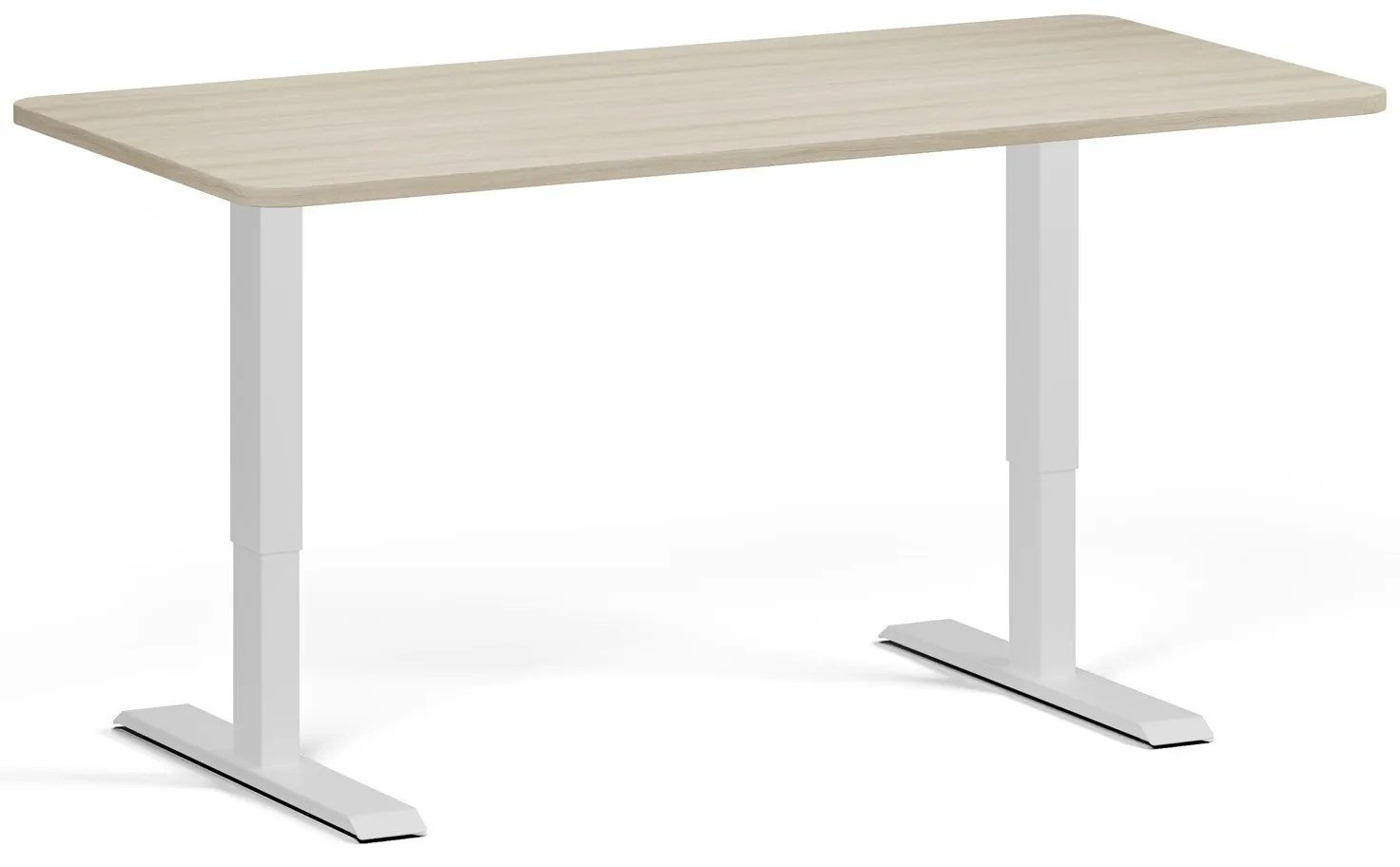 Výškovo nastaviteľný stôl, 160x80 cm, 1 motor, zaoblené rohy, biela podnož, dub prírodný