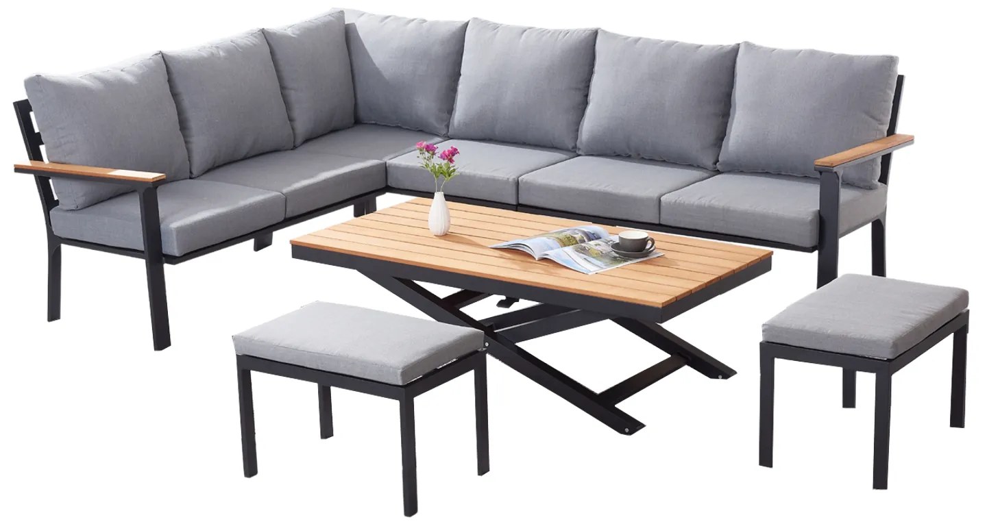 Hliníkový set: Rohová pohovka + stolík + 2 taburety - Antracit / Teak so sivými vankúšmi