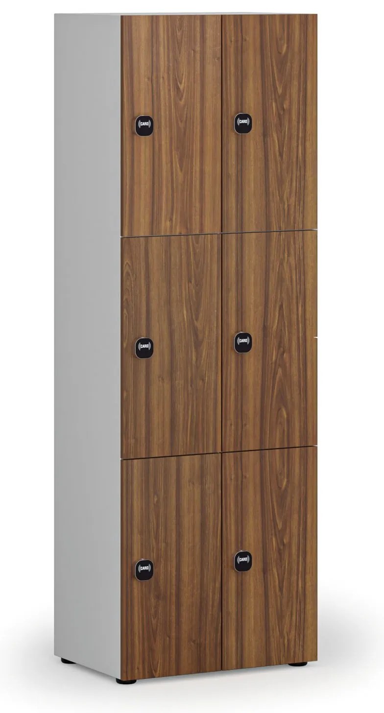 Drevená šatníková skrinka s úložnými boxmi, 6 boxov, demont, RFID zámok, sivá/orech