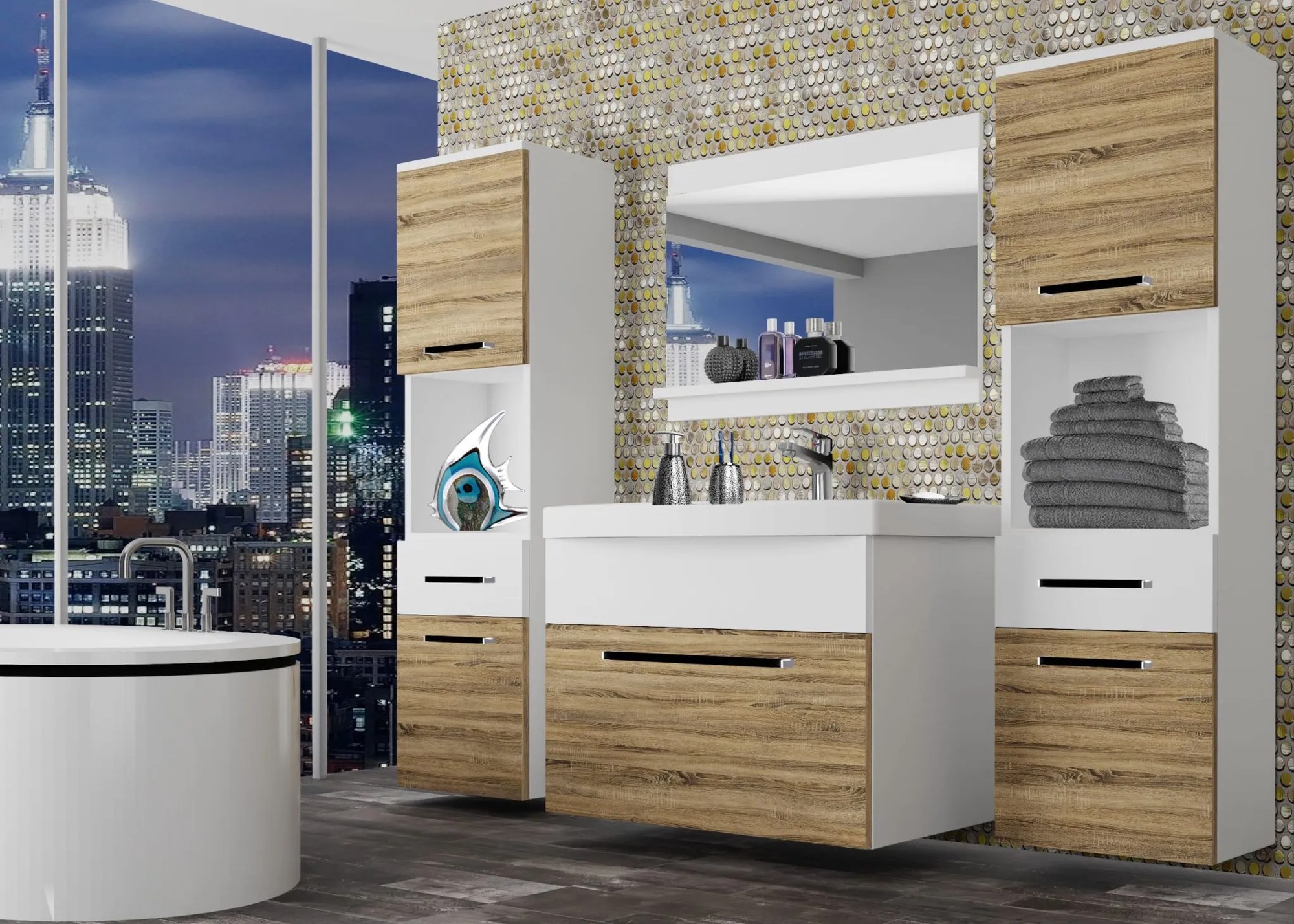 Kúpeľňový nábytok Belini dub sonoma / biely mat + umývadlo + zrkadlo ROD M 6/0/W/DSW/0/ZW