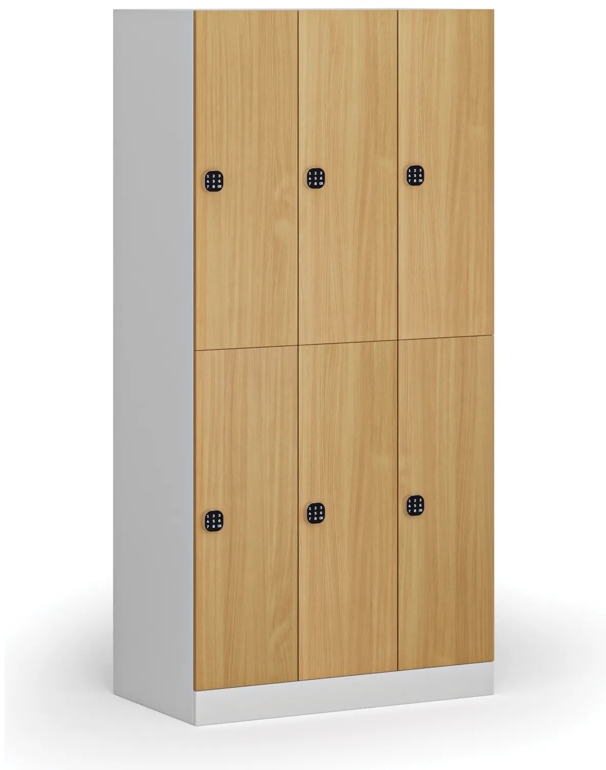 Šatníková skrinka s úložnými boxmi, 6 boxov, 1850 x 900 x 500 mm, demont, kódový zámok, laminované dvere, buk