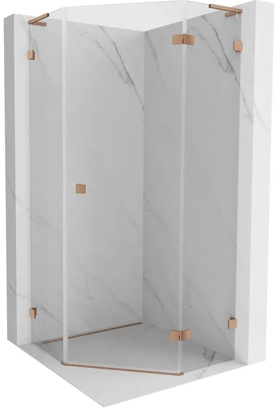 Mexen Lunar, L výklopný päťuholníkový sprchový kút pravý 90 x 90 cm, 8mm číre sklo, profil medená matná, 831L-090P-090L-65-00-P