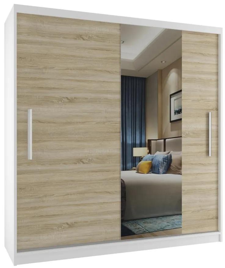 Šatníková skriňa 158cm Belini biely mat / dub sonoma s posuvnými dverami a zrkadlom MSE SZP3/2/W/1DS1L/AL