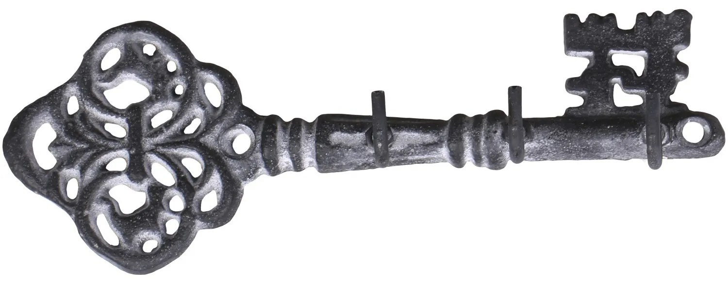 Šedý antik nástenný vešiak v tvare kľúča s 3-mi háčikmi - 19*4*6,5 cm