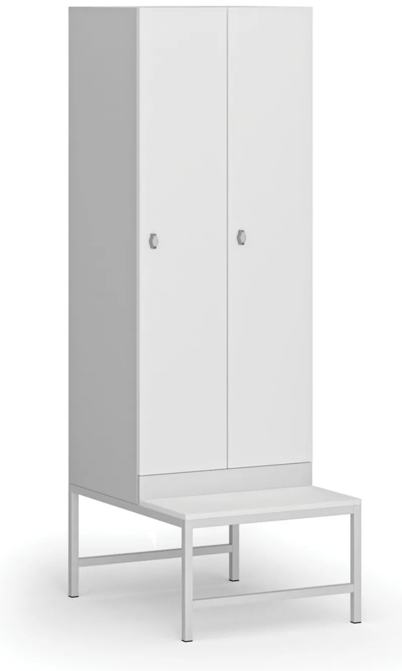 Šatníková skrinka S1 s lavičkou, 2 oddiely, 1875 x 600 x 500/800 mm, demont, otočný zámok, laminované dvere, biela