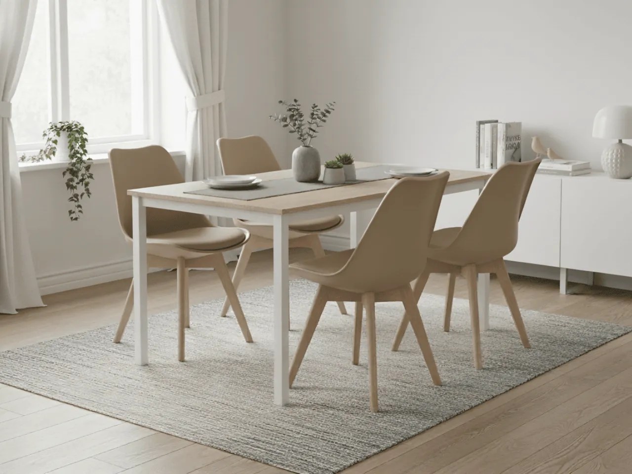 Jedálenský set 1 + 4, biely stôl TESSA 120x60 cm dekor dub + béžová stolička BALI MARK s bukovými nohami