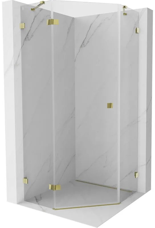 Mexen Lunar, Päťuholníkový sprchový kút Mexen Lunar naklápací doľava 100 x 100 cm, 8mm číre sklo, zlatý profil, 831-100L-100P-50-00-L