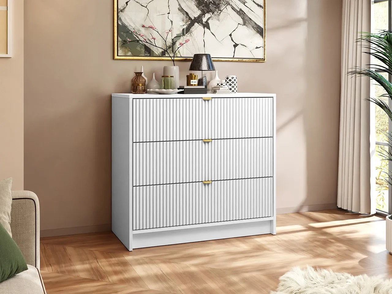 Komoda Rozoma 3SZ (biely velvet + zlatá) . Vlastná spoľahlivá doprava až k Vám domov. 1103673