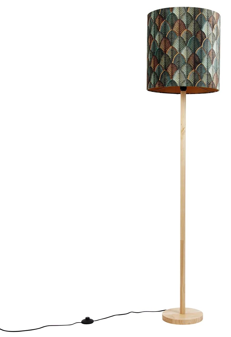 Drevená stojacia lampa s zamatovým tienidlom s dizajnom listov a zlatým vnútorným priestorom - Mels