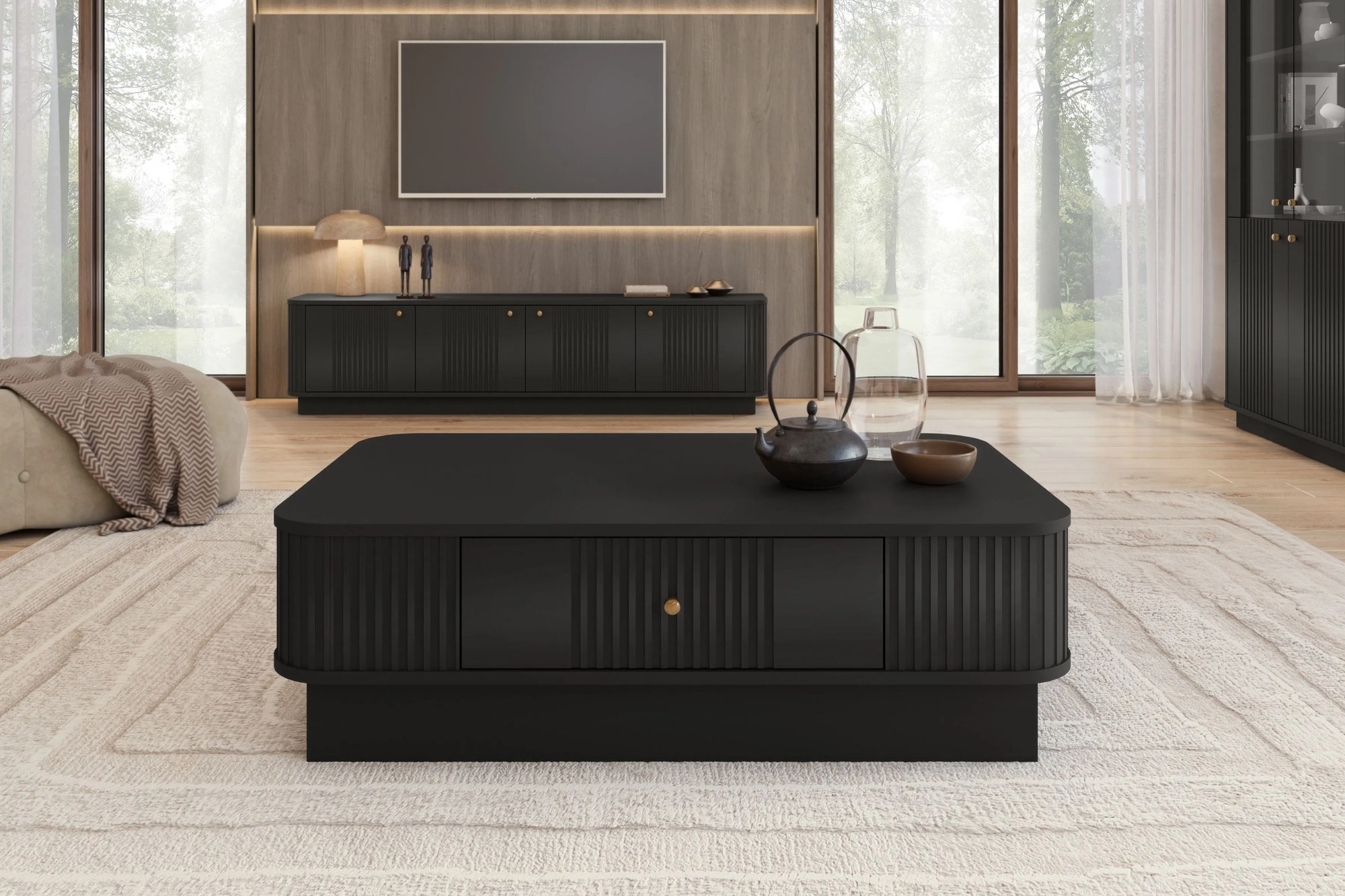 Konferenčný stolík so zásuvkou Vesper 103x60 cm na sokli - čierny / zlatá úchytka