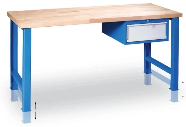 Výškovo nastaviteľný pracovný stôl GD so závesným boxom na náradie, buková škárovka, 1 zásuvka, 1700 x 685 x 850 - 1050 mm, modrá