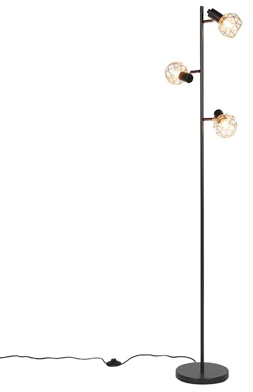 Stojaca lampa čierna s meďou 3-svetlo - Mesh