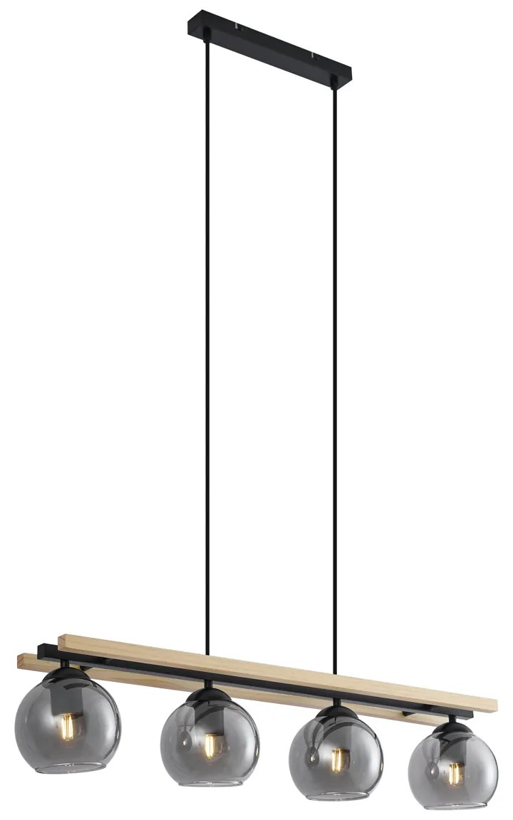 Moderné závesné svietidlo čierne s drevom a dymovým sklom 4-svetlá - Aleks