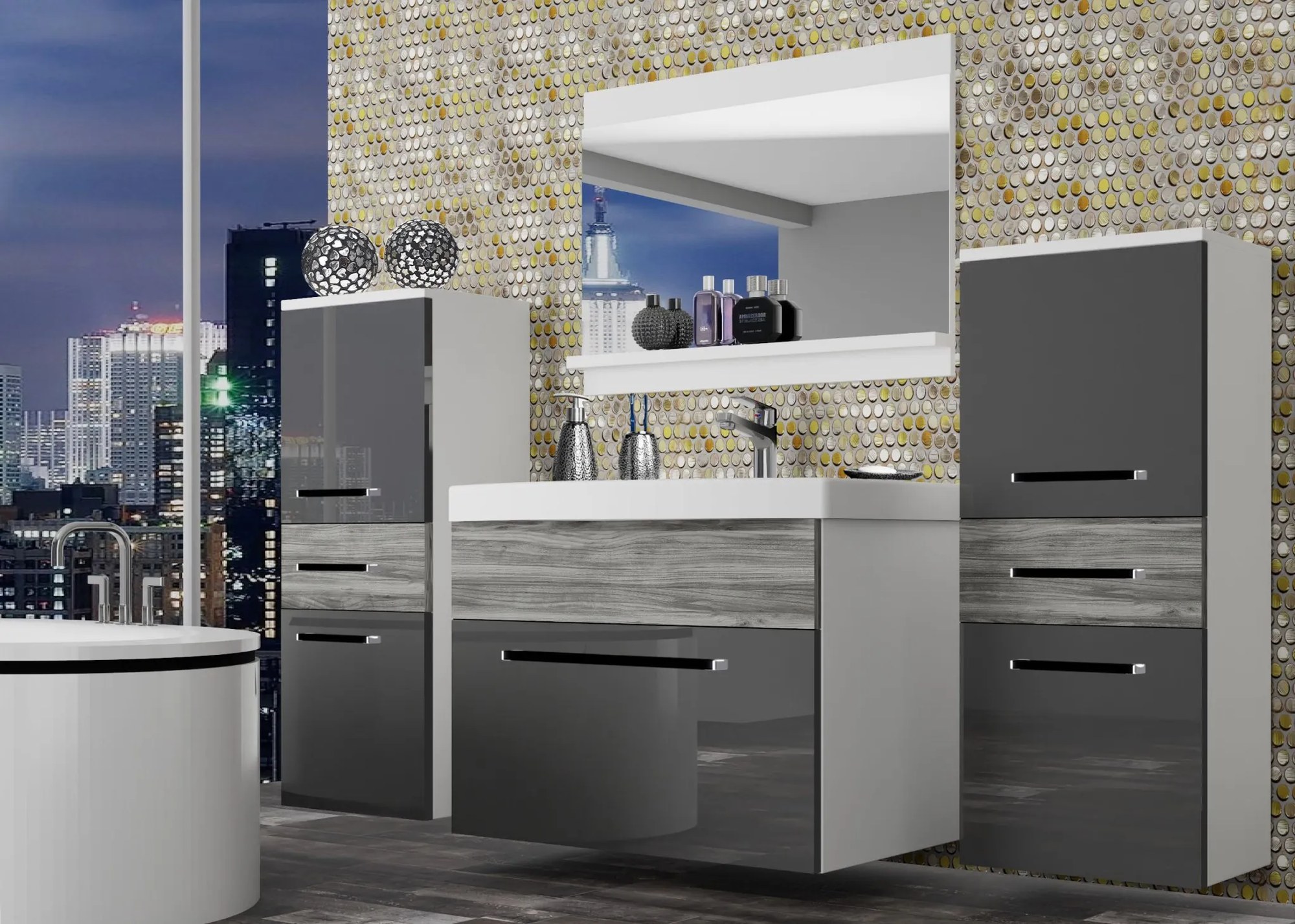 Kúpeľňový nábytok Belini šedý lesk / šedý antracit Glamour Wood + umývadlo + zrkadlo ROD PM 4/0/W/SGW/0/ZW