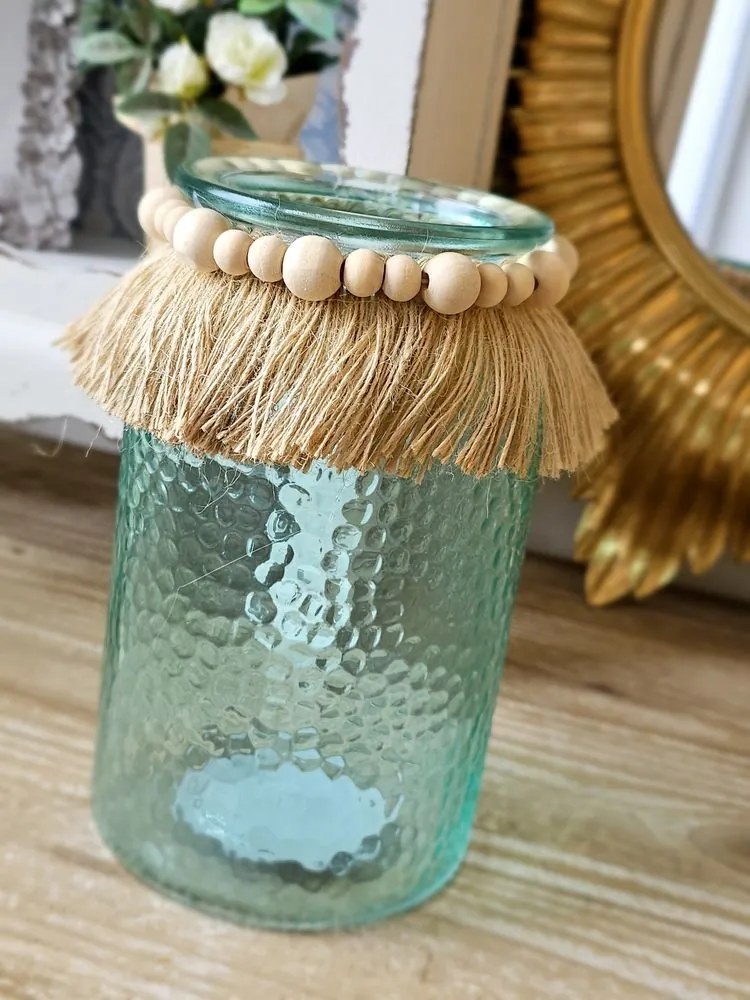 Tyrkysový sklenený svietnik s drevenými korálkami - Ø 12*18cm