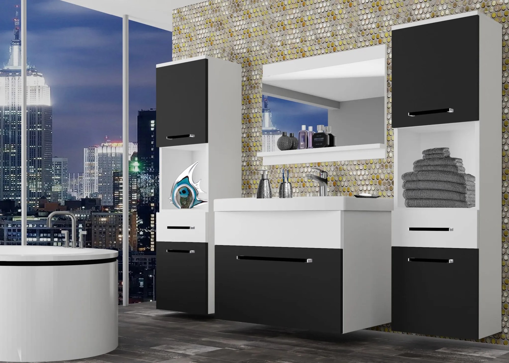 Kúpeľňový nábytok Belini čierny mat / biely mat + umývadlo + zrkadlo ROD M 6/0/W/BW/0/ZW