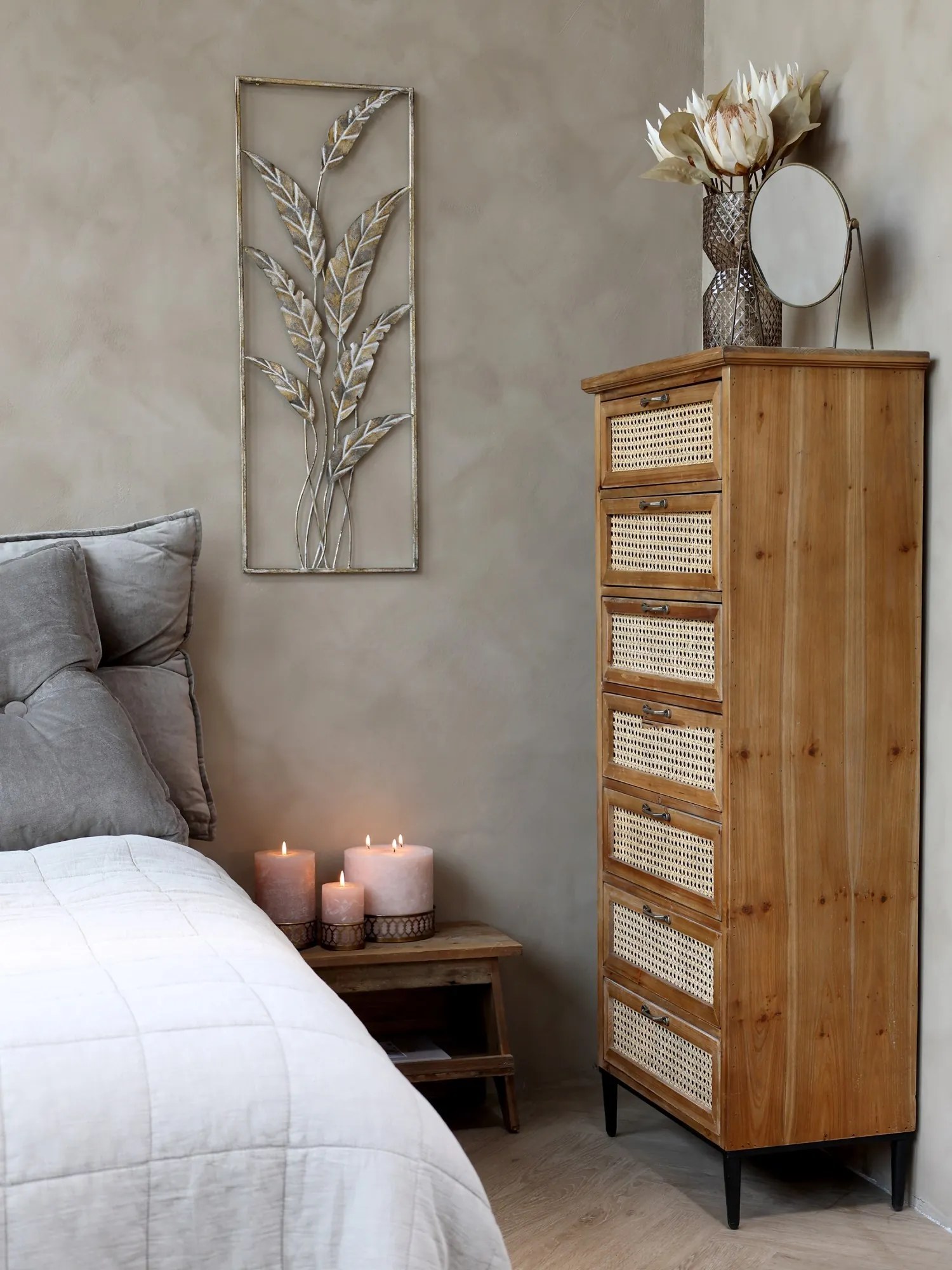 Hnedá antik drevená komoda so šuplíkmi a výpletom French wicker - 54*32*125cm