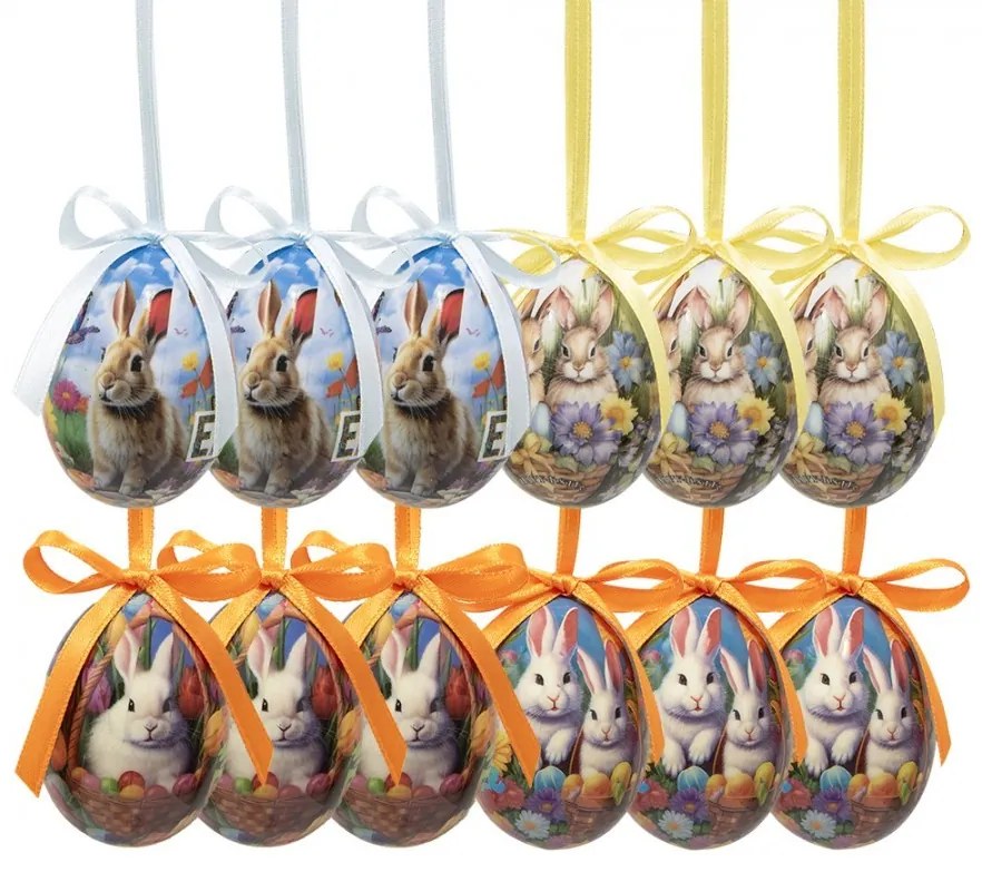 12ks dekorácia závesné vajíčko s zajačikmi Spring Egg - Ø 4*5 cm