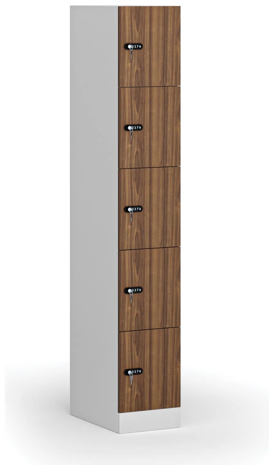 Šatníková skrinka S1 s úložnými boxmi, 5 boxov, 1850 x 300 x 500 mm, demont, mechanický kódový zámok, laminované dvere, orech