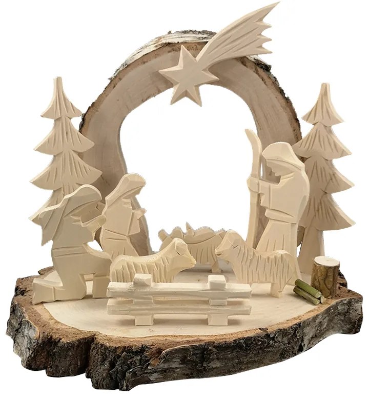 AMADEA Betlehem z masívneho dreva s kôrou ručne vyrezaný, 27 x 24 cm, český výrobok