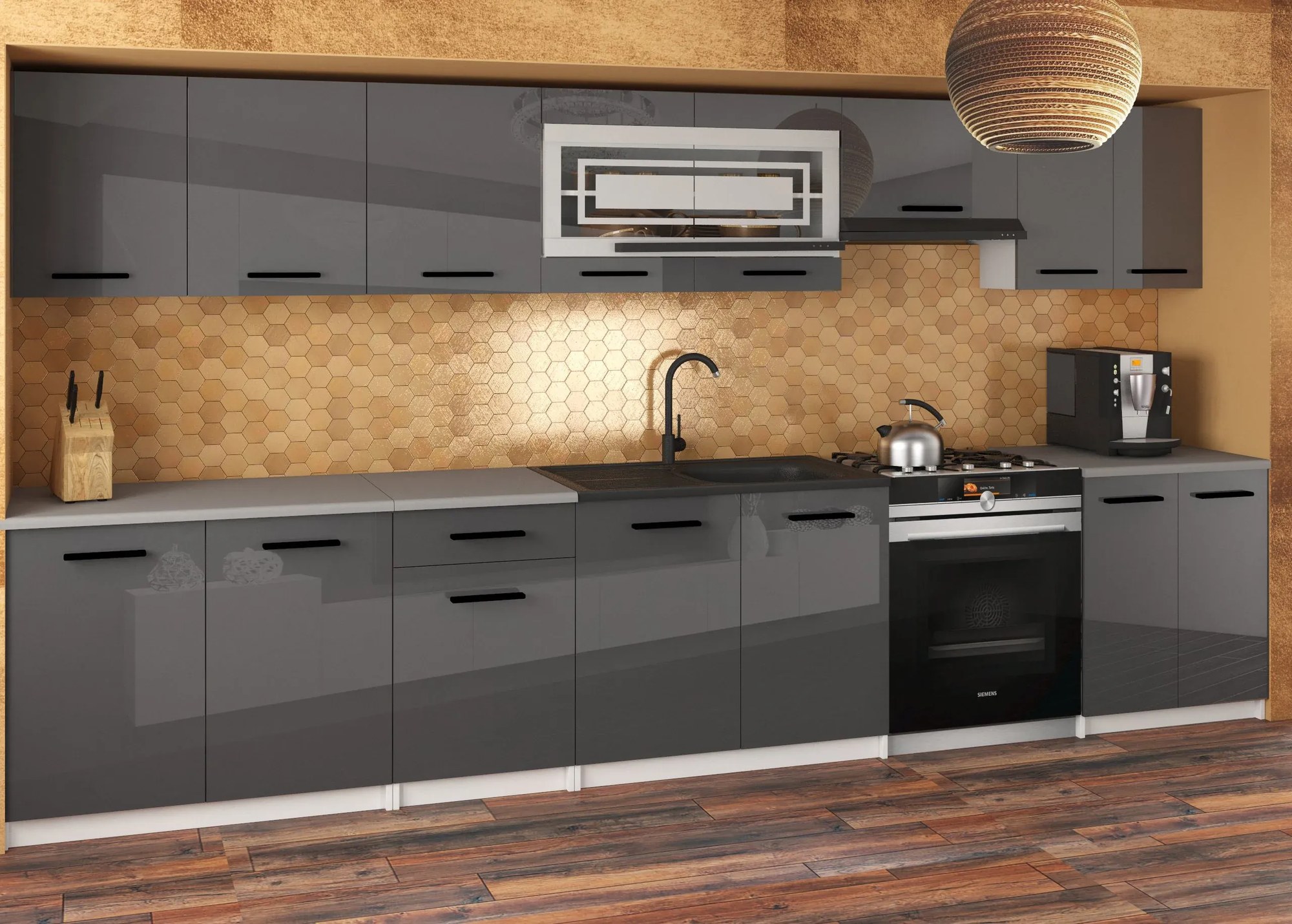 Kuchynská linka JULIA 320 cm šedý lesk s pracovnou doskou