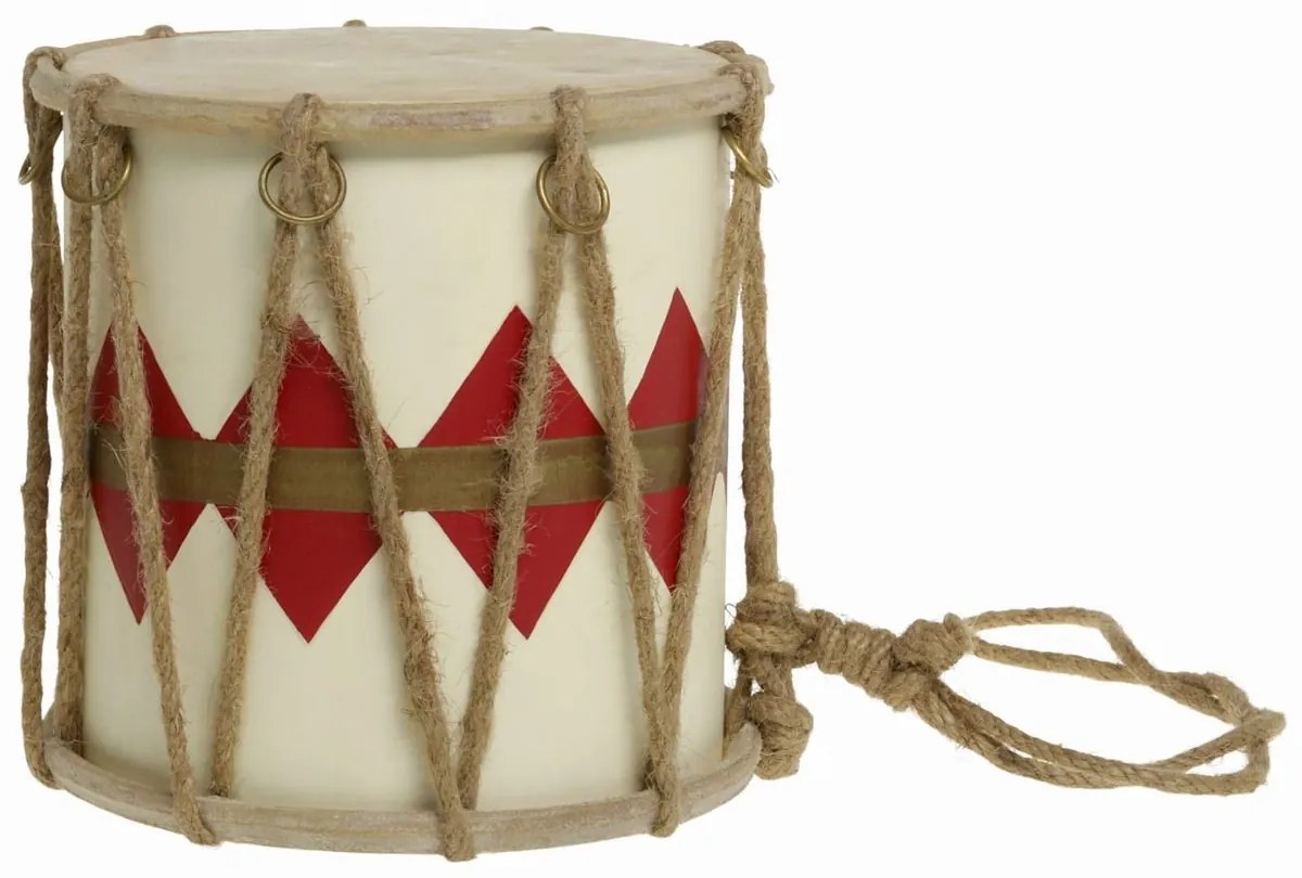 Červeno-biely vianočný drevený bubon s kožou Drum Vintage - Ø 17*16 cm