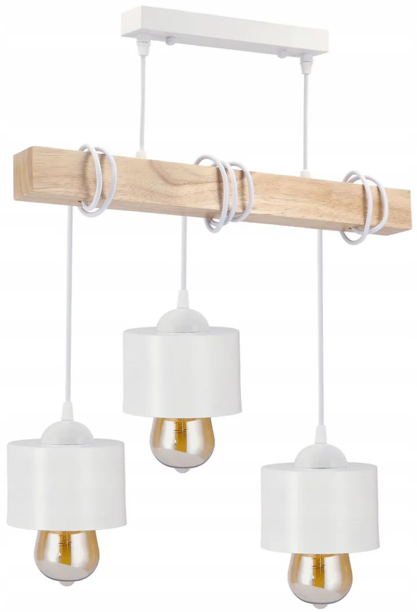 BERGE LED závesné stropné svietidlo, drevený trám, 3xE27, kovový kelímok - biely