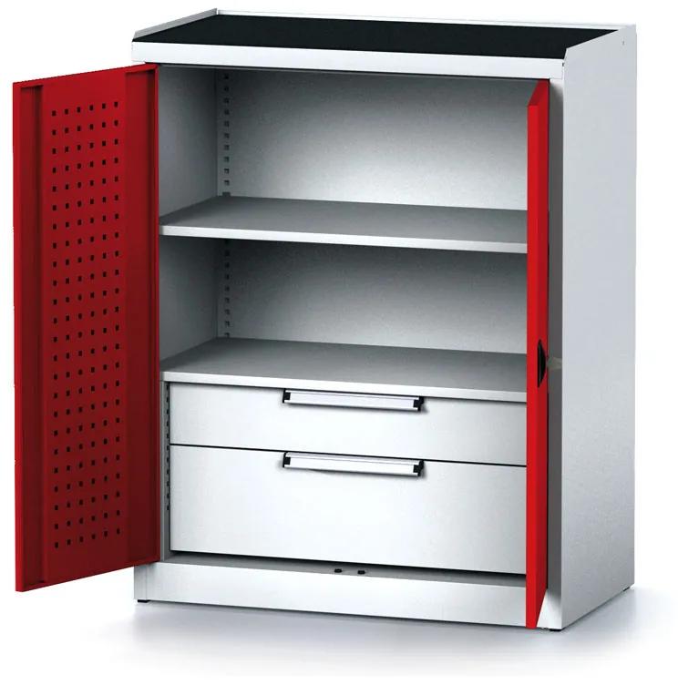Alfa 3 Policová dielenská skriňa 2-dverová MECHANIC, 1 polica, 2 zásuvky, 920 x 500 x 1170 mm, červené dvere