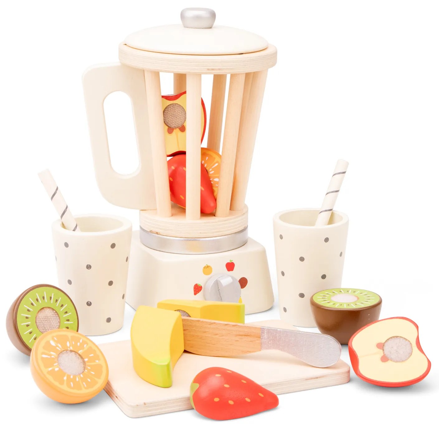 Drevený smoothie mixér s ovocím