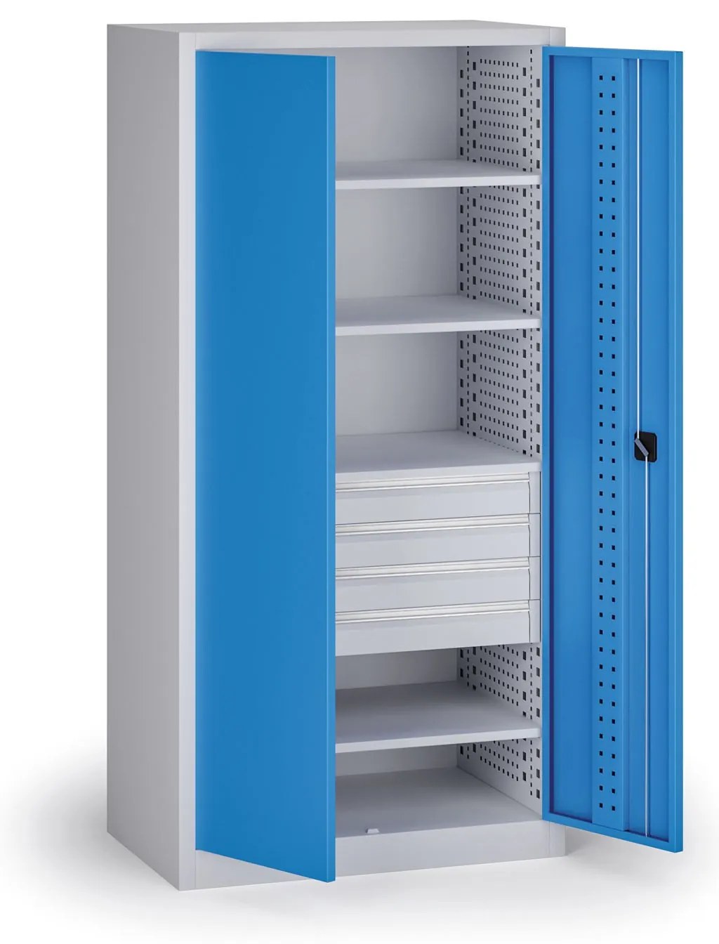 Policová dielenská skriňa na náradie KOVOS, 4 police, 4 zásuvky, perforovaná, 950 x 600 x 1950 mm, modrá