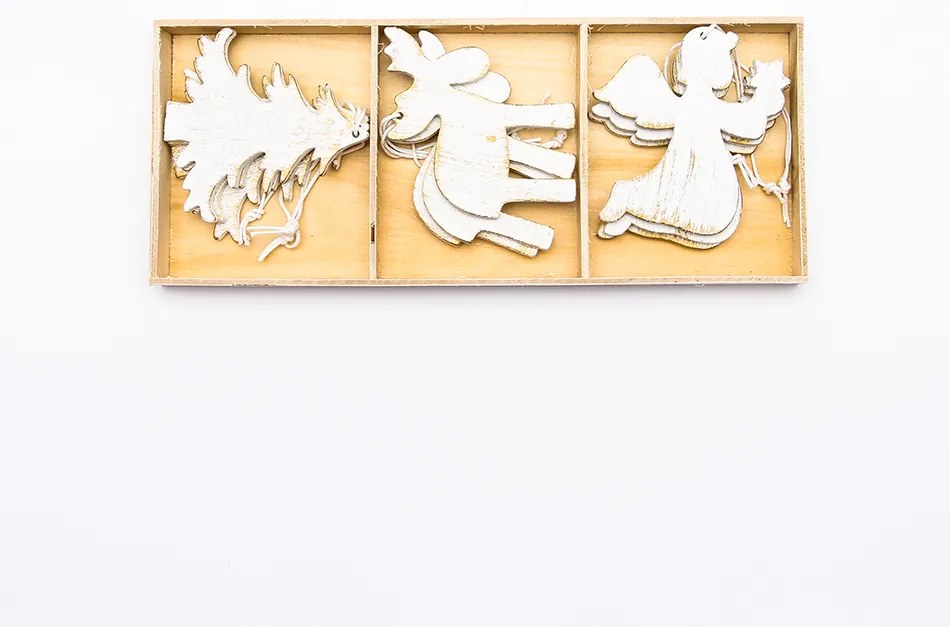 Závesné drevené ozdoby, 3 typy, 9ks