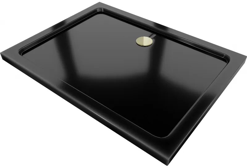 Mexen SLIM - Obdĺžniková sprchová vanička 100x80x5cm + zlatý sifón, čierna, 40708010G