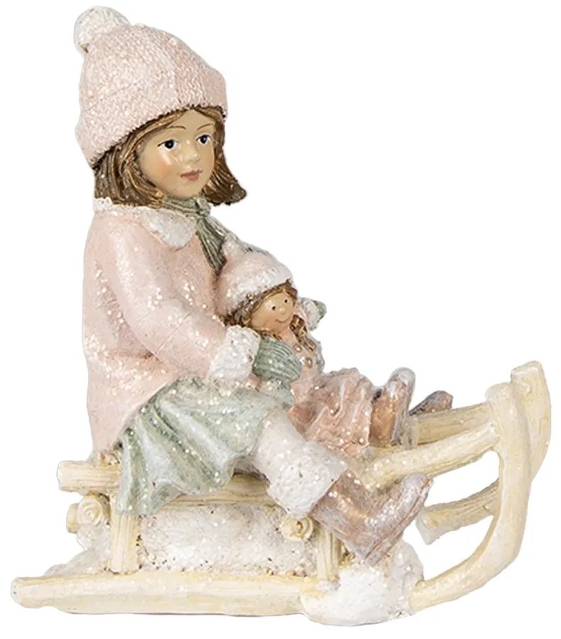 Vianočné dekorácie socha dievča s bábikou na sánkach - 10*6*11 cm