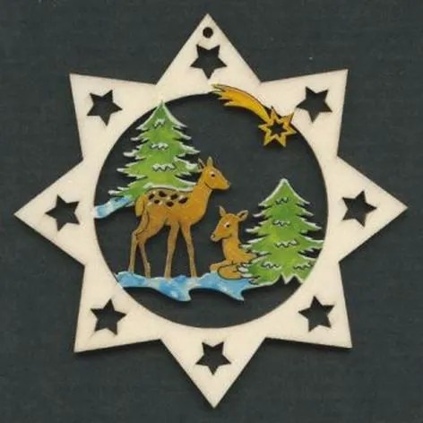 AMADEA Drevená ozdoba farebná hviezda so srnkami 9 cm