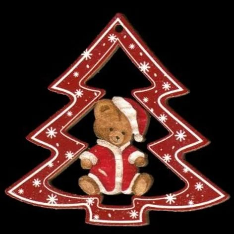 AMADEA Drevená ozdoba farebná stromček s medvedíkom 6 cm