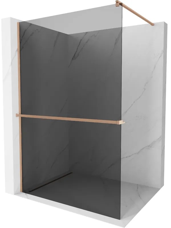 Mexen Kioto+, sprchová zástena Walk-In s poličkou a vešiakom 80 x 200 cm, 8mm šedé sklo, medený matný profil, 800-080-121-65-40