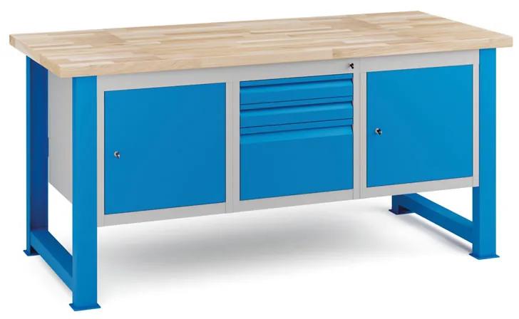 Dielenský stôl KOVONA, 2 závesné skrinky a 3 zásuvky na náradie, buková škárovka, pevné nohy, 1700 mm